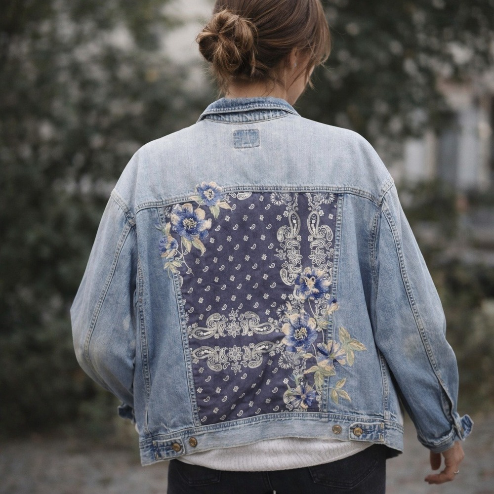 American Eagle Womens Denim Jacket Embroidered Bandana Floral Gorpcore Boho‎ XS